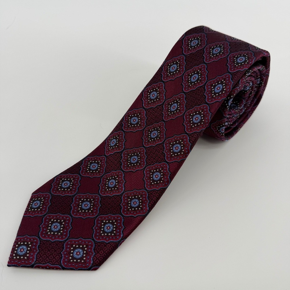Jos. A. Bank Necktie Mens OS Burgundy Blue Medallion Signature 100% Silk Tie